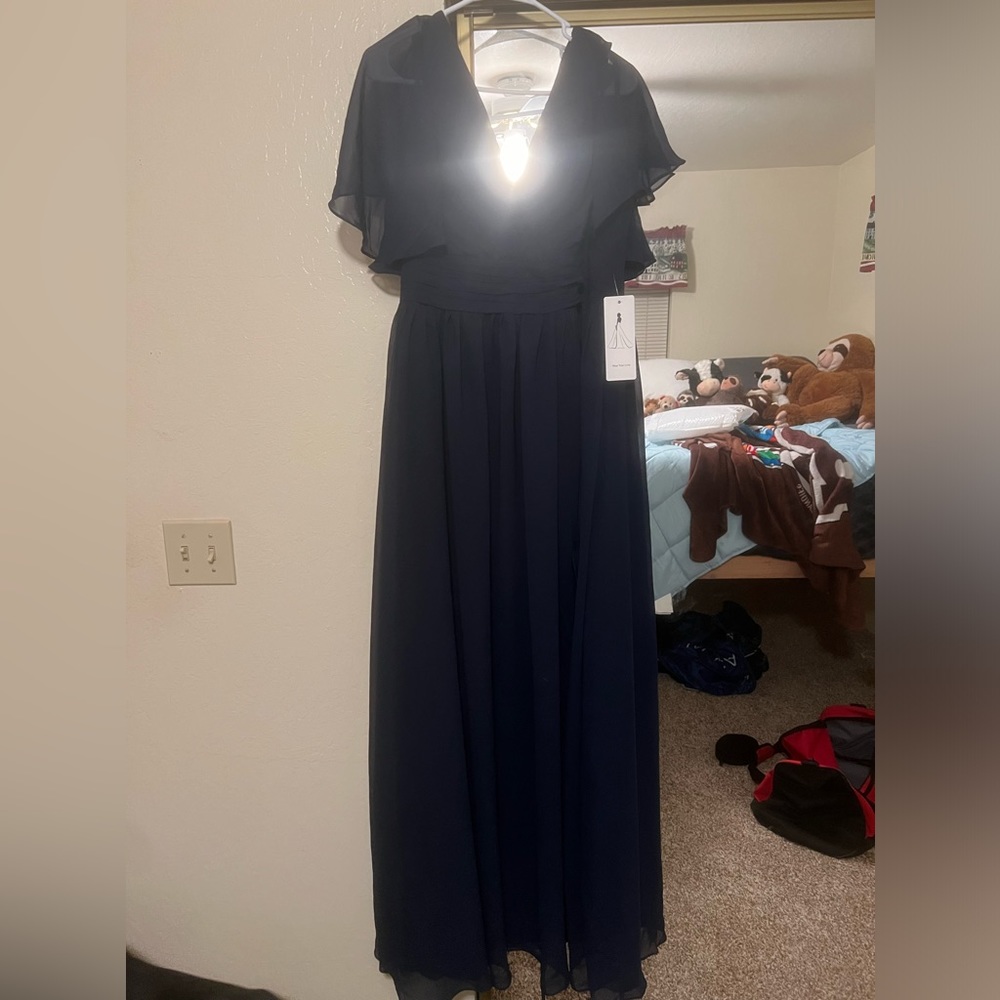 Women’s Flutter Sleeves Bridesmaid w/ Slit Chiffon V Neck Long Formal w/ Pockets